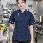 Áo bếp đồng phục màu xanh navy, phối viền cổ, form vạt chéo hai hàng nút, chất cotton twill