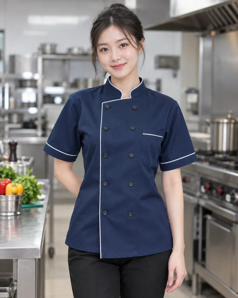 Người mẫu Việt Nam mặc áo bếp đồng phục màu xanh navy, phối viền cổ, form vạt chéo hai hàng nút, chất cotton twill