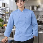 Áo bếp đồng phục màu xanh dương nhạt, túi tay tiện dụng, form cổ tàu tay dài, chất cotton twill