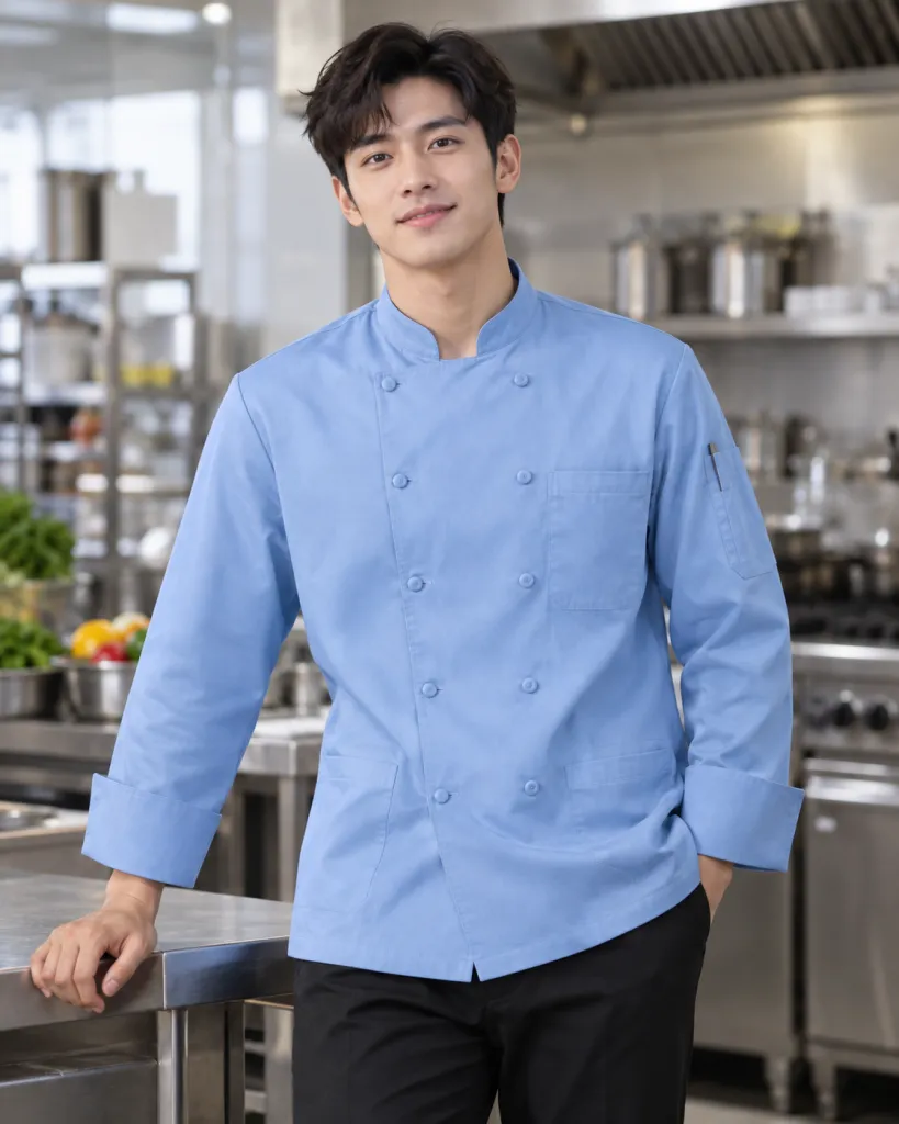 Áo bếp đồng phục màu xanh dương nhạt, túi tay tiện dụng, form cổ tàu tay dài, chất cotton twill