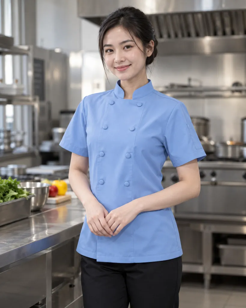 Áo bếp đồng phục màu xanh dương nhạt, nút bọc đồng màu, form tay ngắn thoáng nhẹ, chất vải chéo ít nhăn