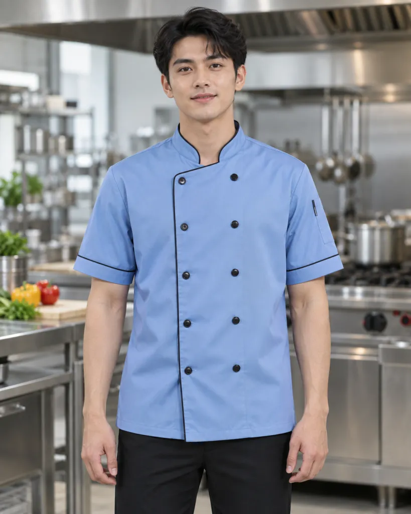Áo bếp đồng phục màu xanh dương nhạt, phối viền cổ, form vạt chéo hai hàng nút, chất vải chéo ít nhăn