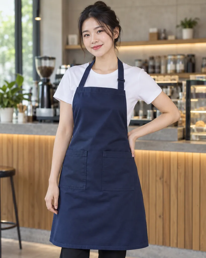 Tạp dề đồng phục màu xanh navy, túi đôi phía trước, form dài đeo cổ, chất kaki cotton