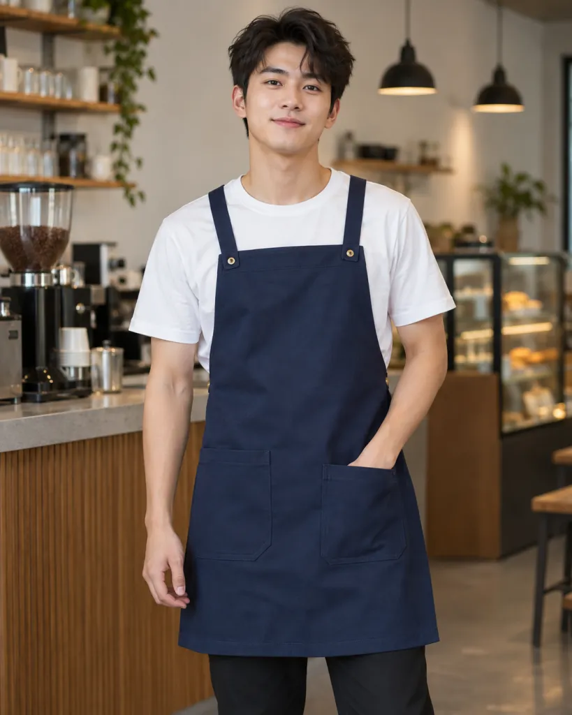 Tạp dề đồng phục màu xanh navy, túi đôi phía trước, form dây đeo chữ X, chất kaki thun
