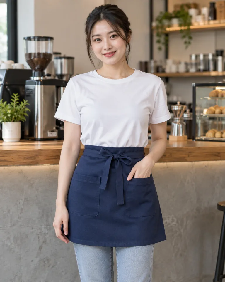 Người mẫu Việt Nam mặc tạp dề đồng phục màu xanh navy, túi đôi phía trước, form ngắn thắt eo, chất kaki thun