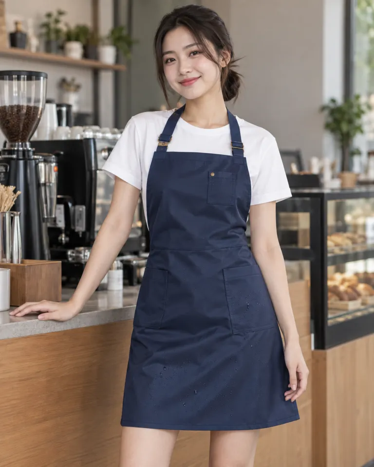 Người mẫu Việt Nam mặc tạp dề đồng phục màu xanh navy, túi ngực nhỏ, form dạng váy chống nước, chất vải chống thấm