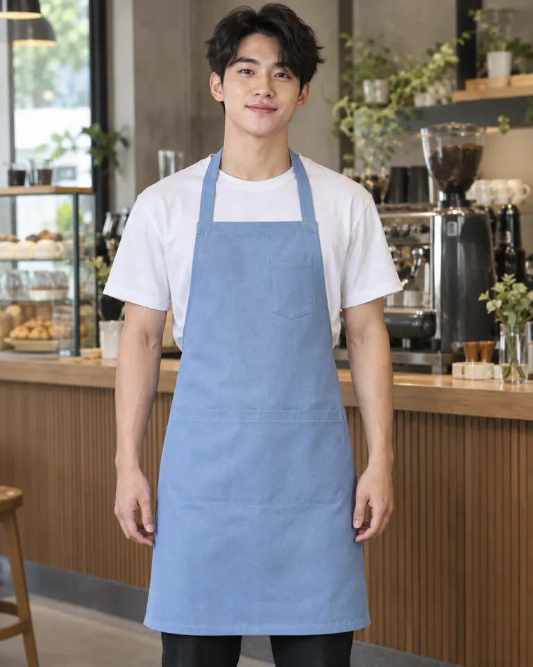 Người mẫu Việt Nam mặc tạp dề đồng phục màu xanh dương nhạt, túi ngực nhỏ, form dài đeo cổ, chất canvas mềm