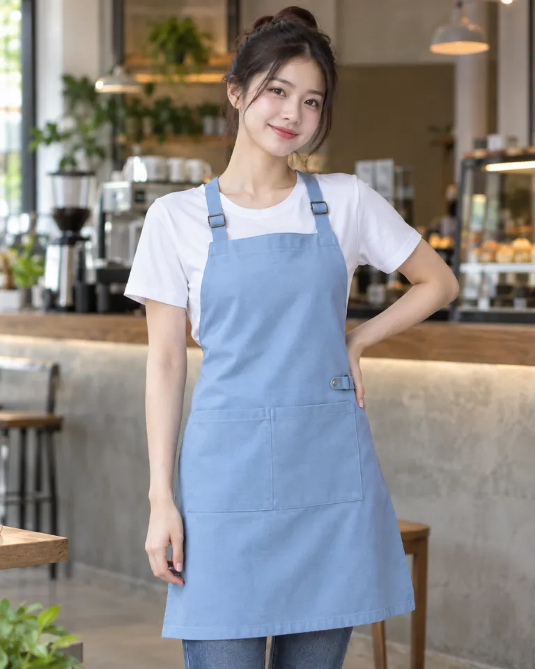 Người mẫu Việt Nam mặc tạp dề đồng phục màu xanh dương nhạt, dây tăng giảm, form dây đeo chữ x, chất canvas mềm