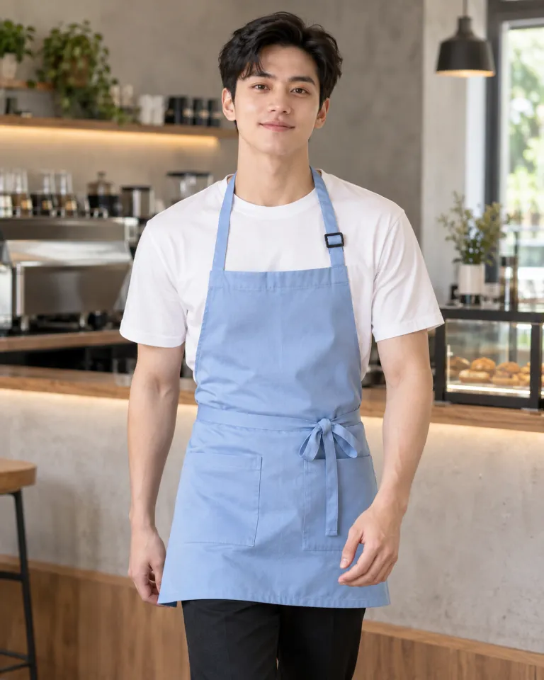 Người mẫu Việt Nam mặc tạp dề đồng phục màu xanh dương nhạt, dây tăng giảm, form ngắn thắt eo, chất kaki cotton