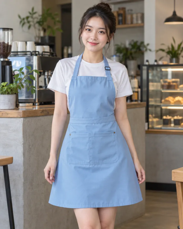 Người mẫu Việt Nam mặc tạp dề đồng phục màu xanh dương nhạt, dây tăng giảm, form dạng váy chống nước, chất kaki cotton