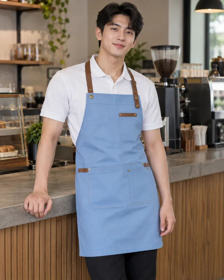 Người mẫu Việt Nam mặc tạp dề đồng phục màu xanh dương nhạt, phối da nhân tạo, form yếm cúc điều chỉnh, chất kaki thun