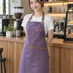 Tạp dề đồng phục màu tím khói, phối da nhân tạo, form dài đeo cổ, chất kaki thun