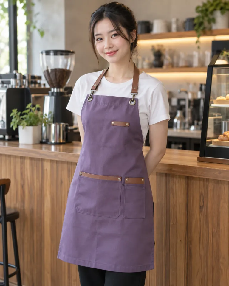 Người mẫu Việt Nam mặc tạp dề đồng phục màu tím khói, phối da nhân tạo, form dài đeo cổ, chất kaki thun