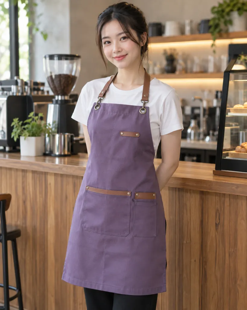 Hình ảnh Tạp dề đồng phục màu tím khói, phối da nhân tạo, form dài đeo cổ, chất kaki thun