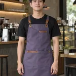 Tạp dề đồng phục màu tím khói, phối da nhân tạo, form dây đeo chữ X, chất vải chống thấm