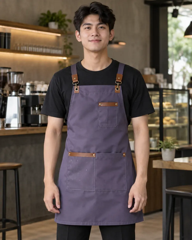 Người mẫu Việt Nam mặc tạp dề đồng phục màu tím khói, phối da nhân tạo, form dây đeo chữ x, chất vải chống thấm