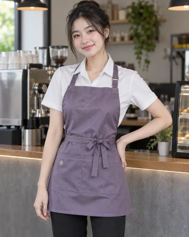 Người mẫu Việt Nam mặc tạp dề đồng phục màu tím khói, đường may gia cố, form ngắn thắt eo, chất vải chống thấm