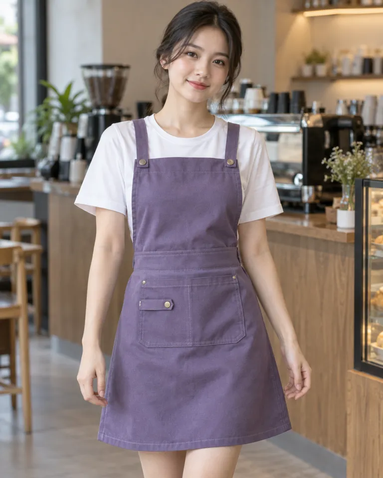Người mẫu Việt Nam mặc tạp dề đồng phục màu tím khói, đường may gia cố, form dạng váy chống nước, chất canvas mềm