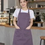 Tạp dề đồng phục màu tím khói, đường may gia cố, form yếm cúc điều chỉnh, chất canvas mềm
