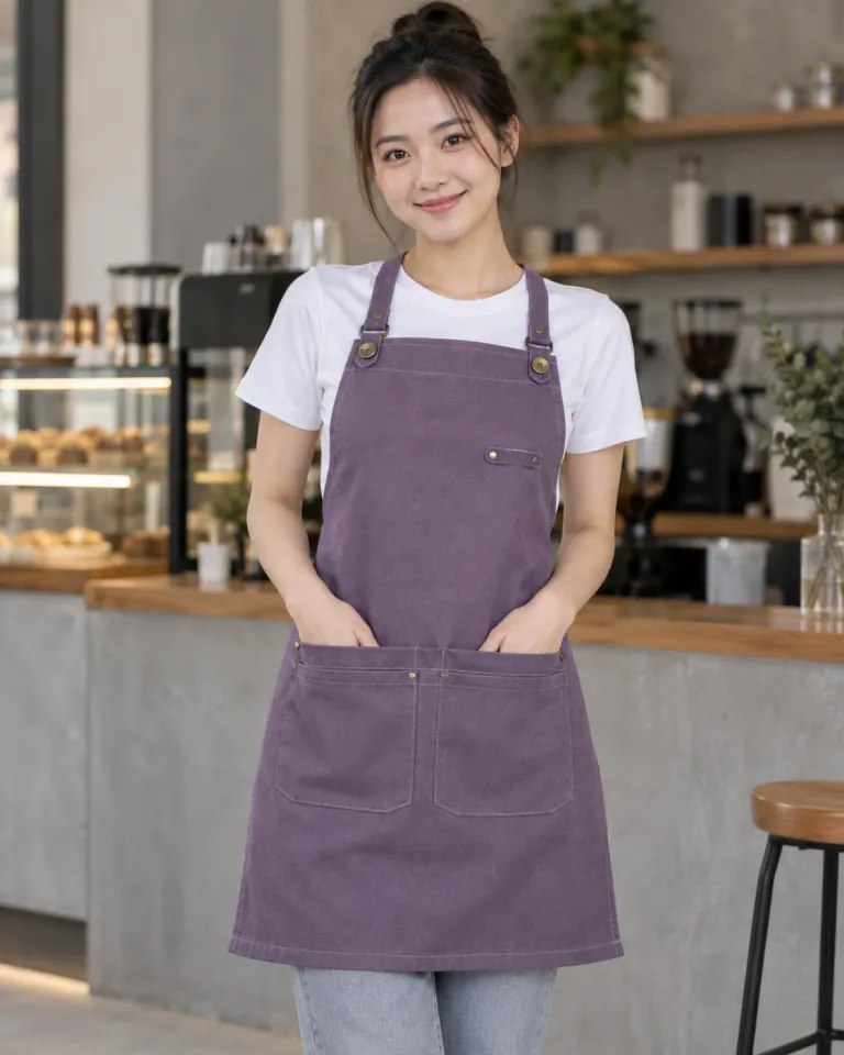 Người mẫu Việt Nam mặc tạp dề đồng phục màu tím khói, đường may gia cố, form yếm cúc điều chỉnh, chất canvas mềm