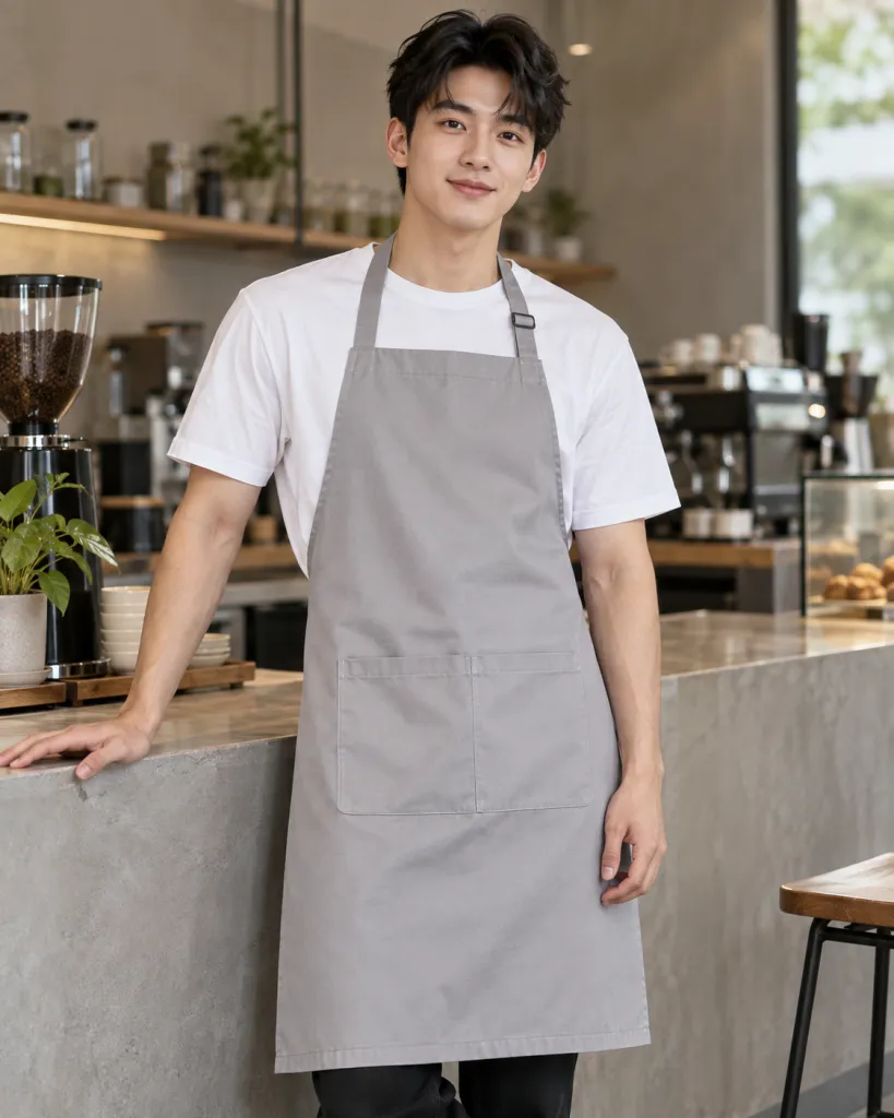 Tạp dề đồng phục màu ghi sáng, túi đôi phía trước, form dài đeo cổ, chất kaki cotton