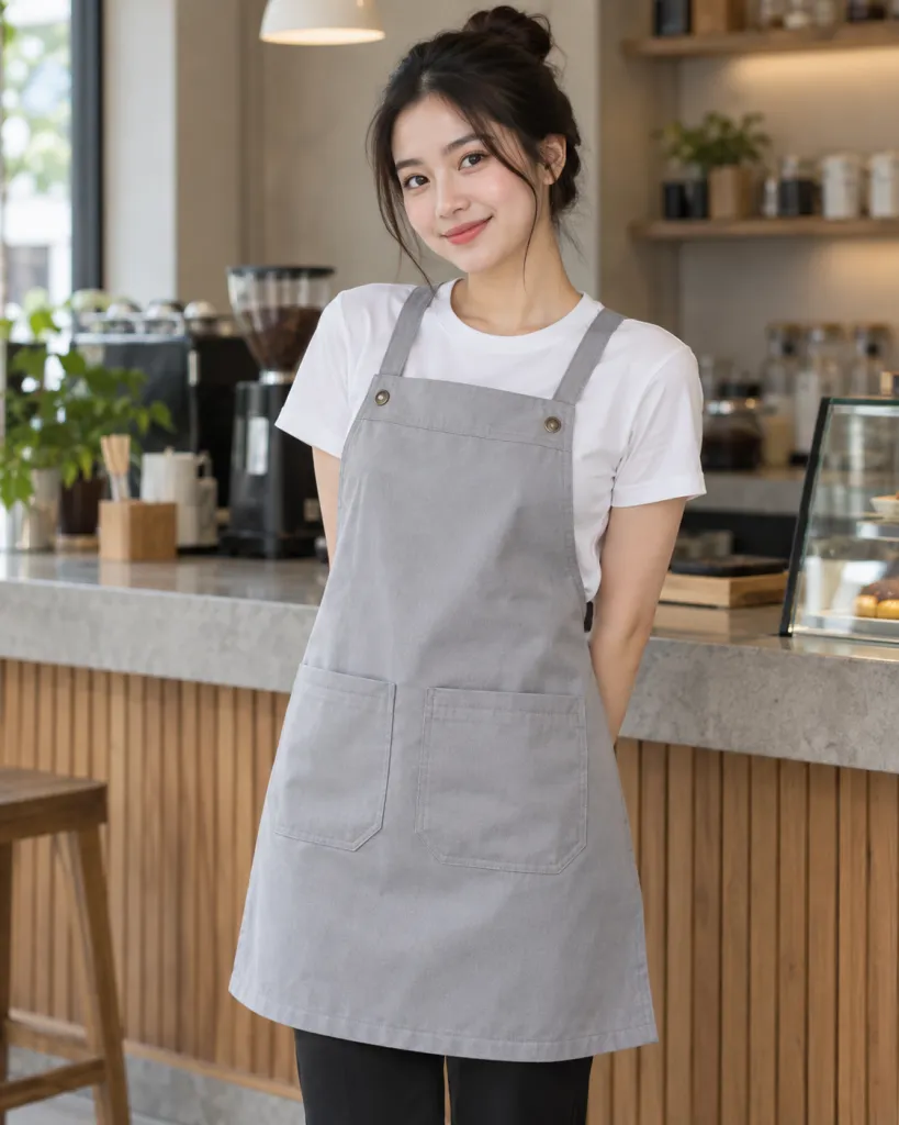 Tạp dề đồng phục màu ghi sáng, túi đôi phía trước, form dây đeo chữ X, chất kaki cotton