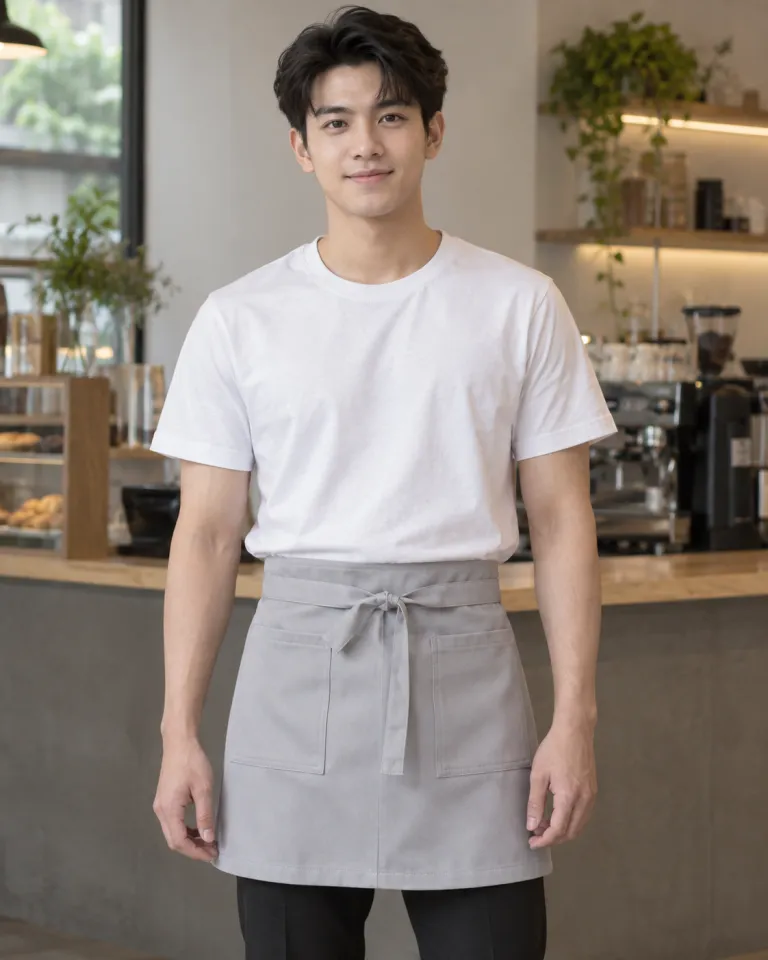 Người mẫu Việt Nam mặc tạp dề đồng phục màu ghi sáng, túi đôi phía trước, form ngắn thắt eo, chất kaki thun