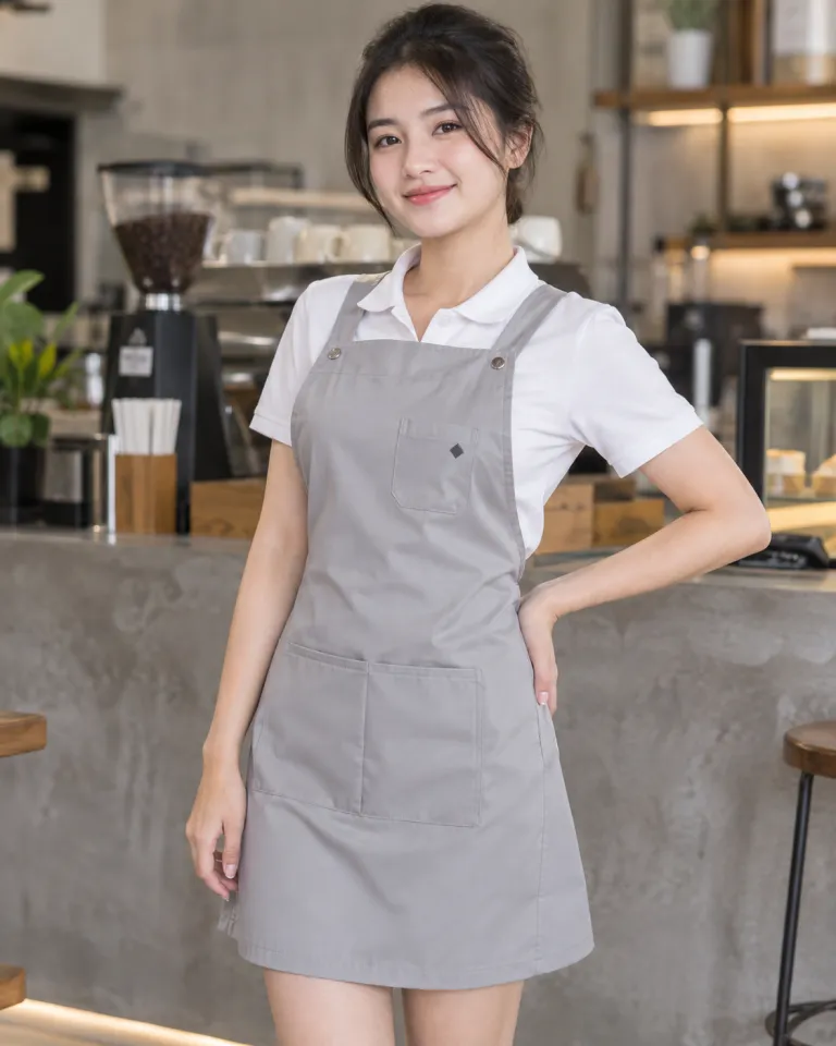 Người mẫu Việt Nam mặc tạp dề đồng phục màu ghi sáng, túi ngực nhỏ, form dạng váy chống nước, chất kaki thun
