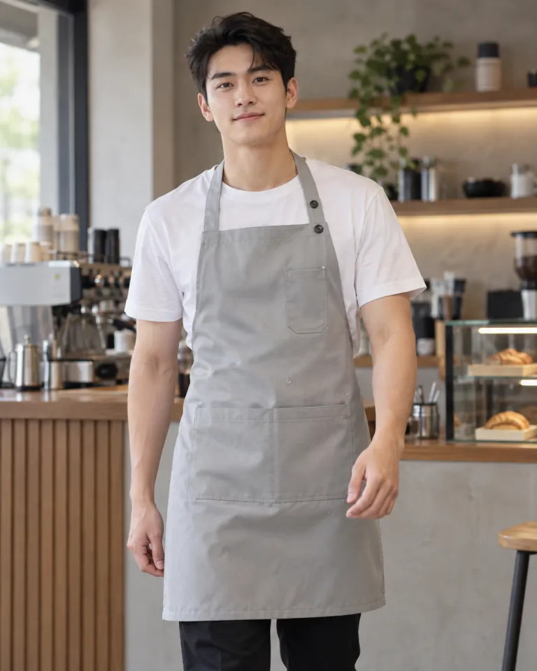 Người mẫu Việt Nam mặc tạp dề đồng phục màu ghi sáng, túi ngực nhỏ, form yếm cúc điều chỉnh, chất vải chống thấm