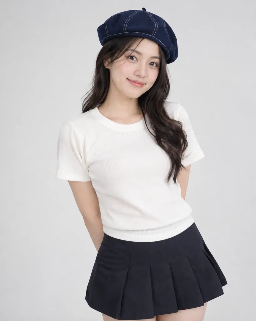 Mũ đồng phục màu xanh navy, viền chỉ tương phản, form beret mềm, chất vải nhẹ thoáng khí
