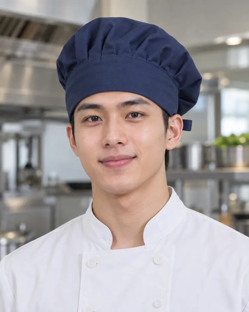 Hình ảnh Mũ đồng phục màu xanh navy, khóa tăng chỉnh, form mũ bếp chụp đầu, chất vải canvas