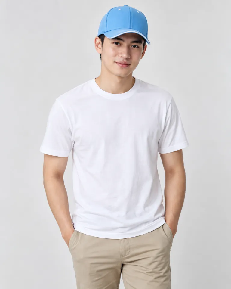 Người mẫu Việt Nam mặc mũ đồng phục màu xanh dương nhạt, viền chỉ tương phản, form lưỡi trai sáu múi, chất cotton twill