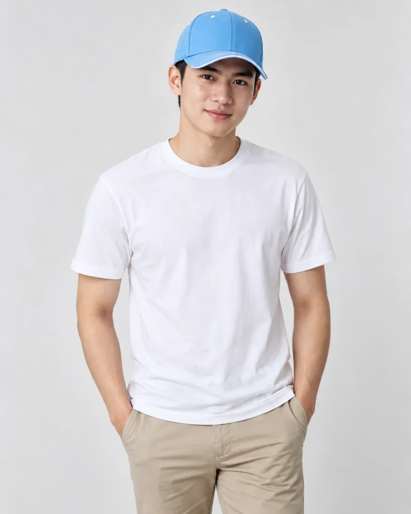 Mũ đồng phục màu xanh dương nhạt, viền chỉ tương phản, form lưỡi trai sáu múi, chất cotton twill