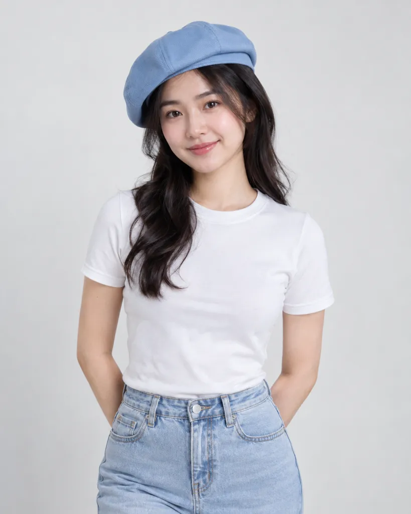 Mũ đồng phục màu xanh dương nhạt, khóa tăng chỉnh, form beret mềm, chất cotton twill