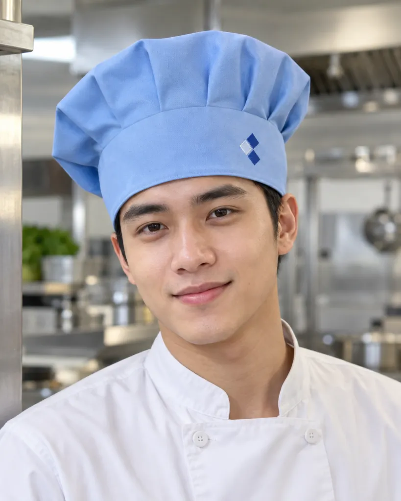 Hình ảnh Mũ đồng phục màu xanh dương nhạt, thêu logo mặt trước, form mũ bếp chụp đầu, chất kaki cotton
