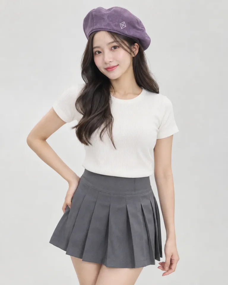 Người mẫu Việt Nam mặc mũ đồng phục màu tím khói, thêu logo mặt trước, form beret mềm, chất vải nhẹ thoáng khí