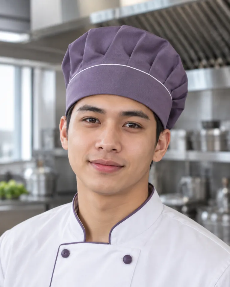 Người mẫu Việt Nam mặc mũ đồng phục màu tím khói, viền chỉ tương phản, form mũ bếp chụp đầu, chất vải canvas