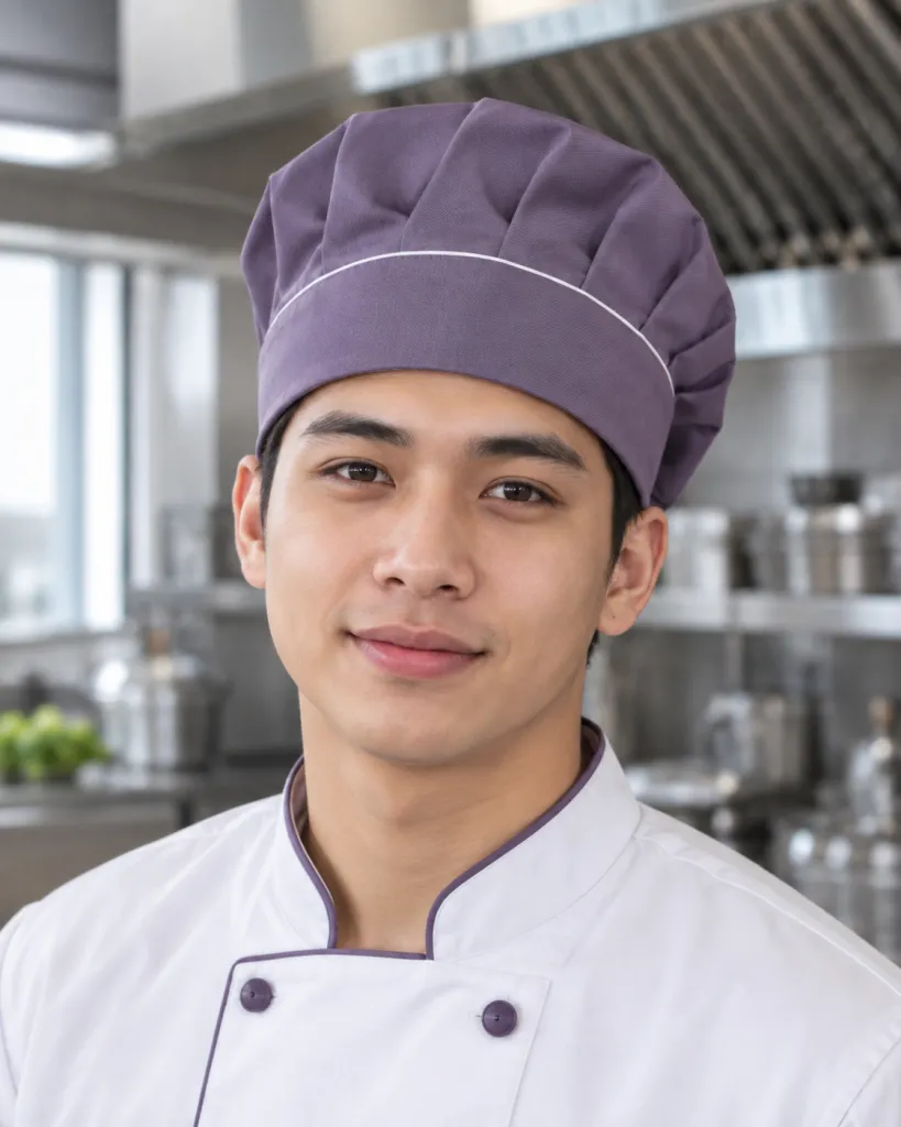 Mũ đồng phục màu tím khói, viền chỉ tương phản, form mũ bếp chụp đầu, chất vải canvas