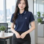 Bộ đồng phục doanh nghiệp màu xanh navy, logo thêu ngực trái, form polo phối nhận diện, chất cotton poly