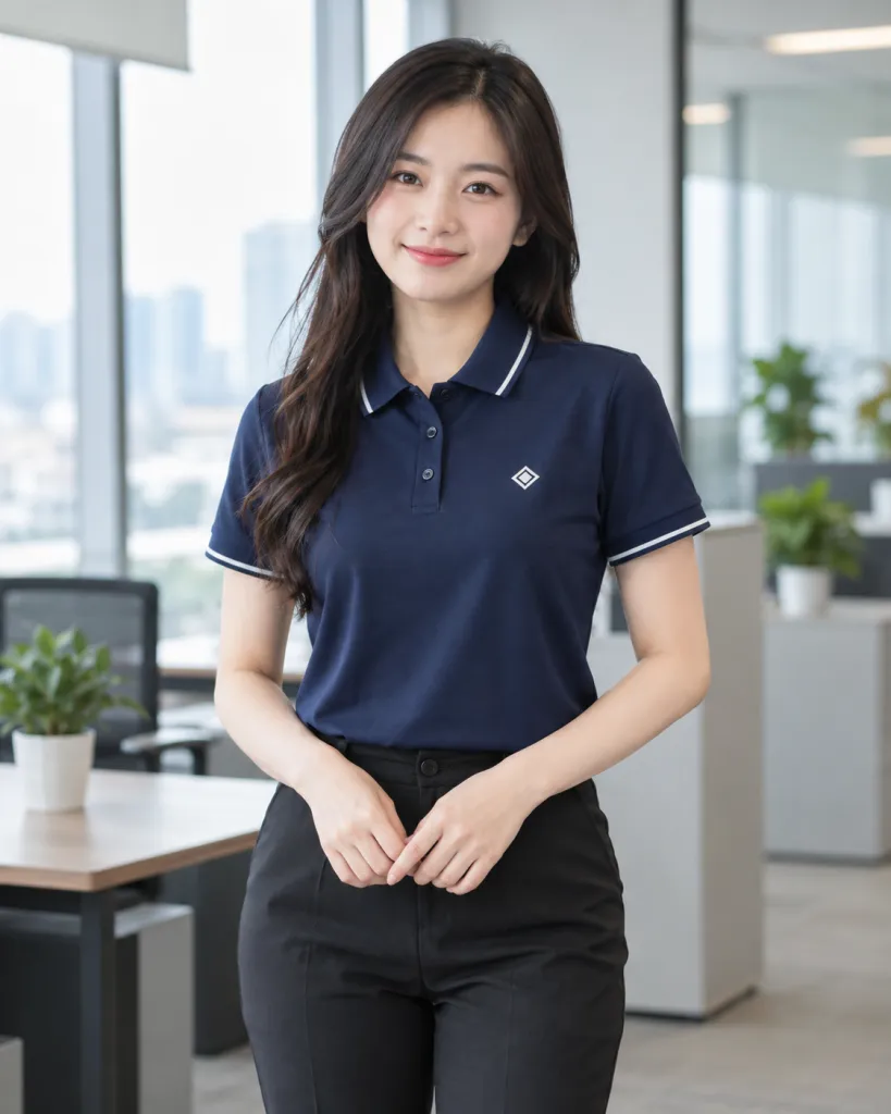 Bộ đồng phục doanh nghiệp màu xanh navy, logo thêu ngực trái, form polo phối nhận diện, chất cotton poly