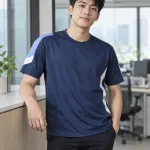 Bộ đồng phục doanh nghiệp màu xanh navy, màu phối theo bộ phận, form áo thun cổ tròn, chất vải gió hai lớp