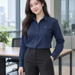 Bộ đồng phục doanh nghiệp màu xanh navy, form nam nữ riêng, form sơ mi thanh lịch, chất vải gió hai lớp