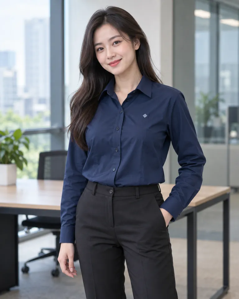 Người mẫu Việt Nam mặc bộ đồng phục doanh nghiệp màu xanh navy, form nam nữ riêng, form sơ mi thanh lịch, chất vải gió hai lớp
