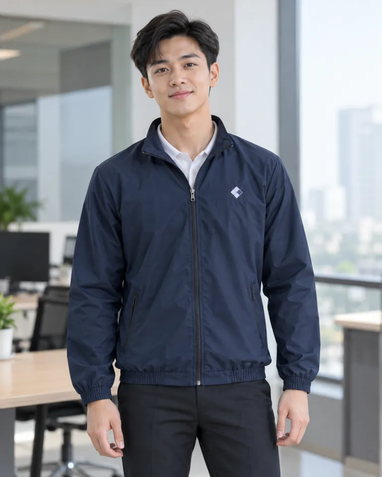 Người mẫu Việt Nam mặc bộ đồng phục doanh nghiệp màu xanh navy, logo thêu ngực trái, form áo khoác gió nhẹ, chất kate ít nhăn