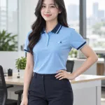 Bộ đồng phục doanh nghiệp màu xanh dương nhạt, màu phối theo bộ phận, form polo phối nhận diện, chất kate ít nhăn