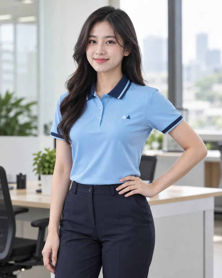 Người mẫu Việt Nam mặc bộ đồng phục doanh nghiệp màu xanh dương nhạt, màu phối theo bộ phận, form polo phối nhận diện, chất kate ít nhăn