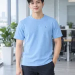 Bộ đồng phục doanh nghiệp màu xanh dương nhạt, form nam nữ riêng, form áo thun cổ tròn, chất cá sấu co giãn