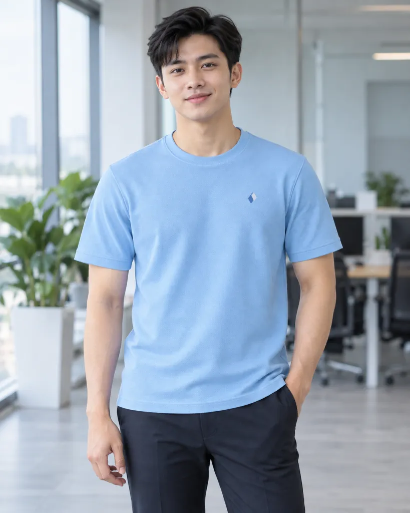Bộ đồng phục doanh nghiệp màu xanh dương nhạt, form nam nữ riêng, form áo thun cổ tròn, chất cá sấu co giãn