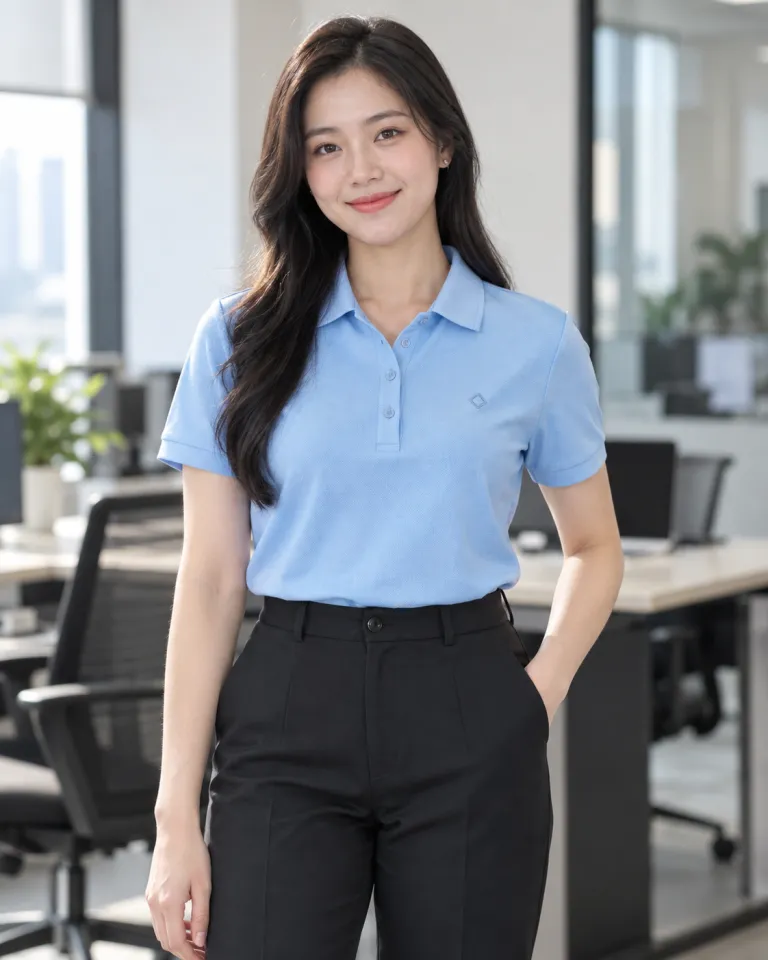 Người mẫu Việt Nam mặc bộ đồng phục doanh nghiệp màu xanh dương nhạt, logo thêu ngực trái, form sơ mi thanh lịch, chất cá sấu co giãn