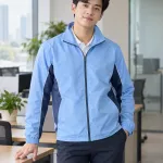 Bộ đồng phục doanh nghiệp màu xanh dương nhạt, màu phối theo bộ phận, form áo khoác gió nhẹ, chất cotton poly